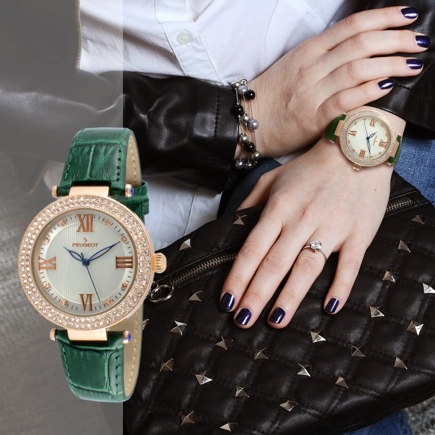 Women's 38mm Green Watch Crystal Bezel Leather Strap