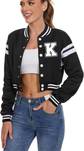 Women's Baseball Varsity Jacket Vintage Crop Top Letter Print College Letterman Coat Bomber Jackets