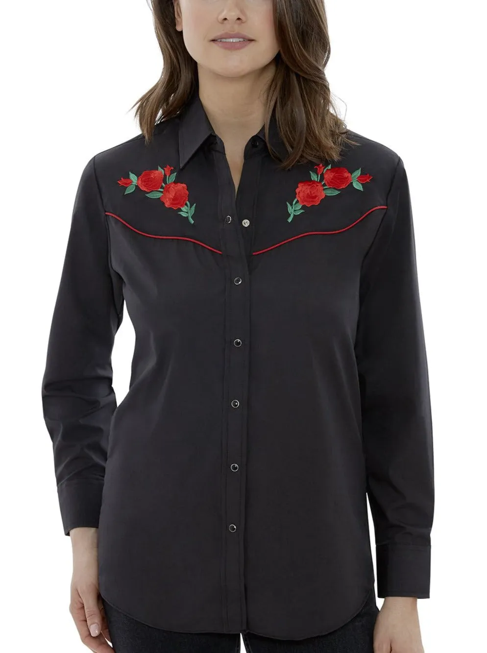 Women's Ely Cattleman Long Sleeve Western Snap Shirt with Red Rose Embroidery