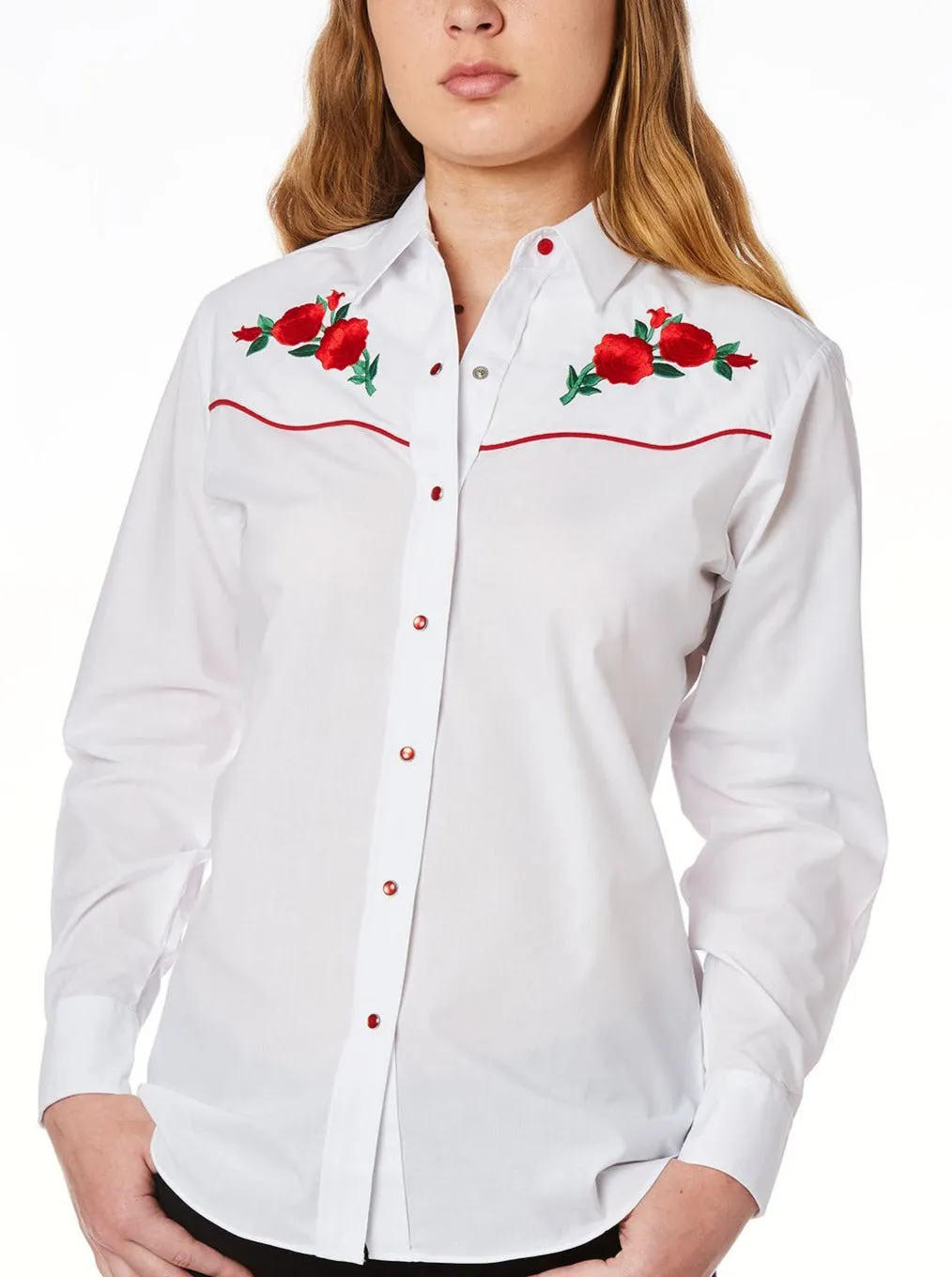 Women's Ely Cattleman Long Sleeve Western Snap Shirt with Red Rose Embroidery