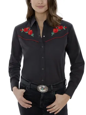 Women's Ely Cattleman Long Sleeve Western Snap Shirt with Red Rose Embroidery
