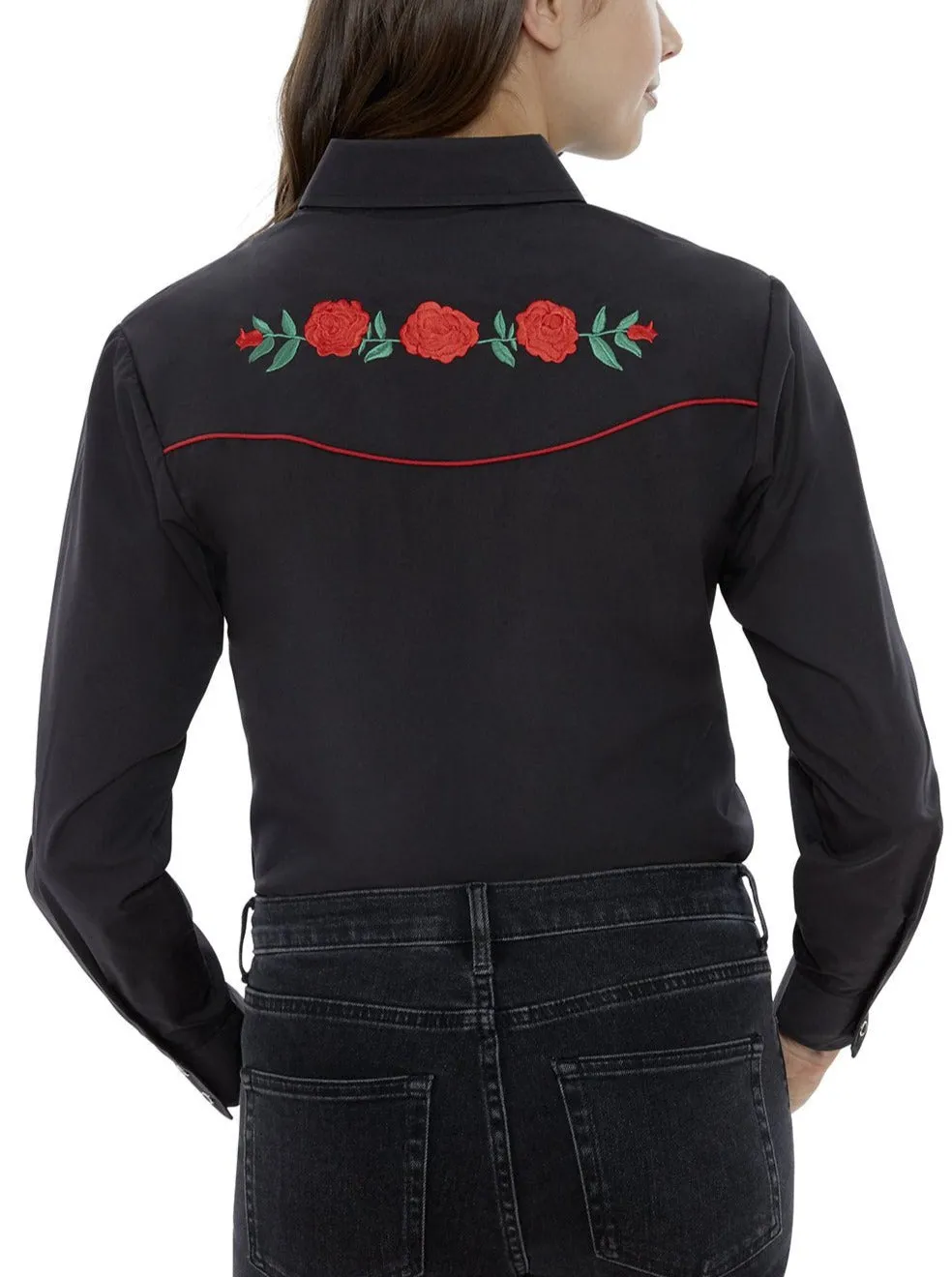 Women's Ely Cattleman Long Sleeve Western Snap Shirt with Red Rose Embroidery
