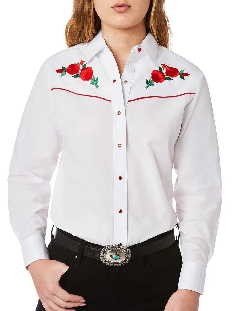 Women's Ely Cattleman Long Sleeve Western Snap Shirt with Red Rose Embroidery