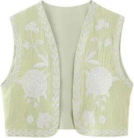 Women's Fashion Embroidered Vest Open Front Linen Ethnic Floral Crochet Tank Top Quilted Cotton Cowgirl Vest Jacket