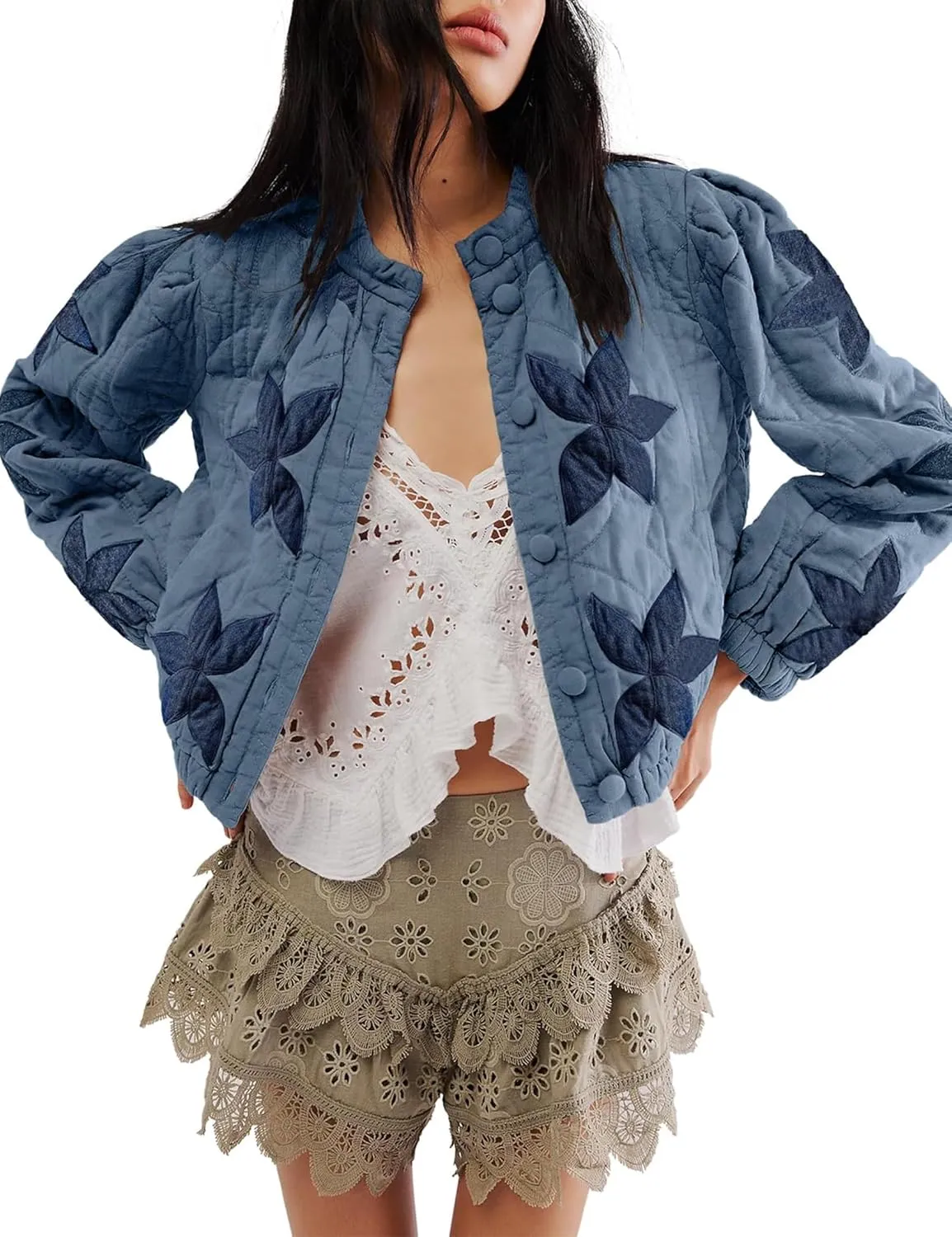 Womens Floral Quilted Puffer Jacket Lightweight Cropped Embroidered Button Down Jacket Padded Coats with Pockets