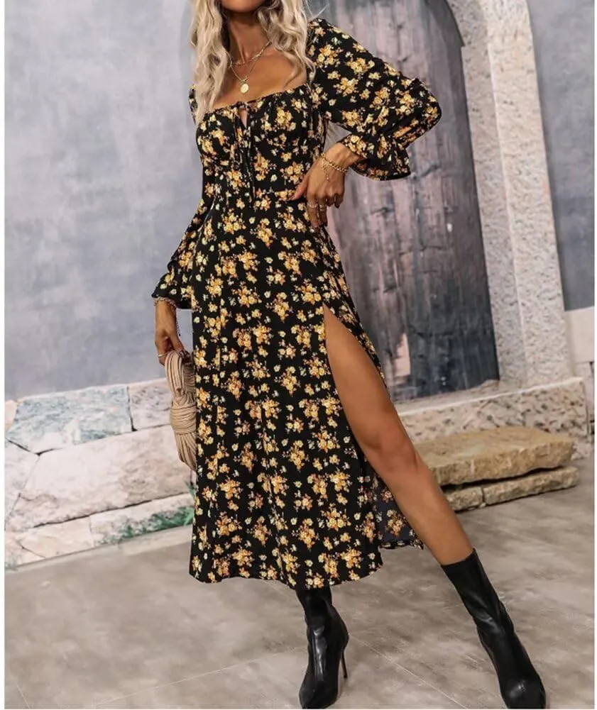 Womens Floral Square Neck Maxi Dress Bubble Long Sleeve Side Slit Flowy Boho Dresses