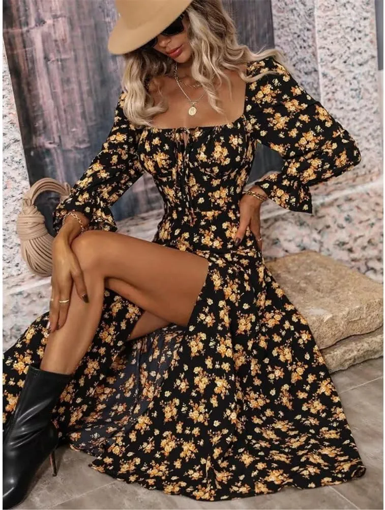Womens Floral Square Neck Maxi Dress Bubble Long Sleeve Side Slit Flowy Boho Dresses