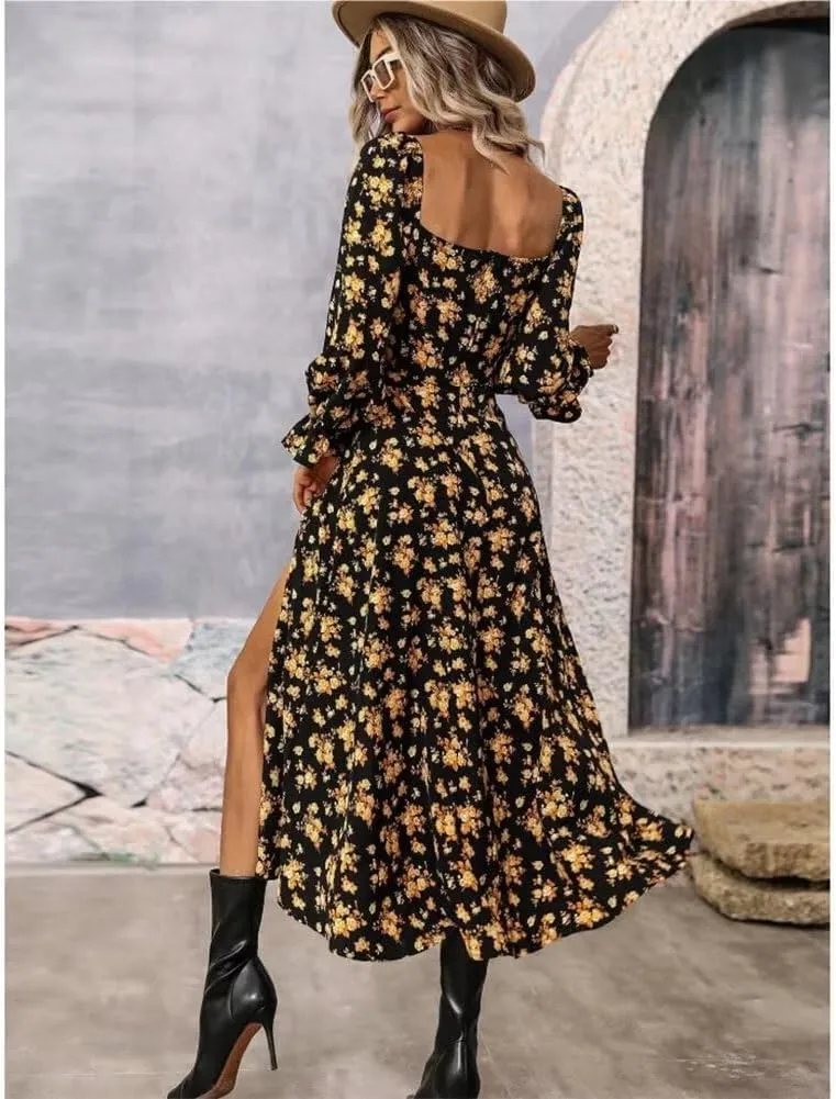 Womens Floral Square Neck Maxi Dress Bubble Long Sleeve Side Slit Flowy Boho Dresses