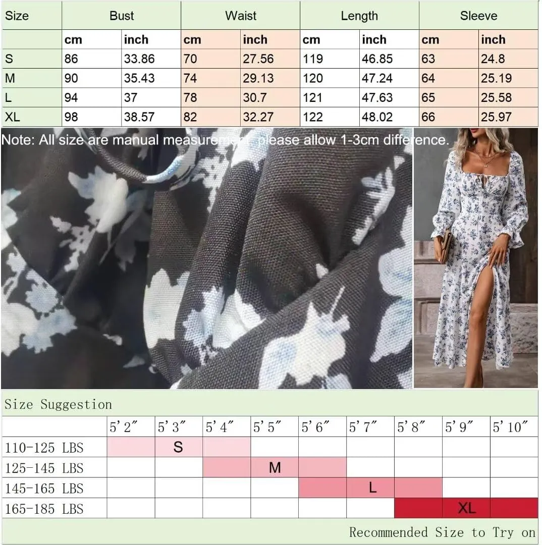 Womens Floral Square Neck Maxi Dress Bubble Long Sleeve Side Slit Flowy Boho Dresses