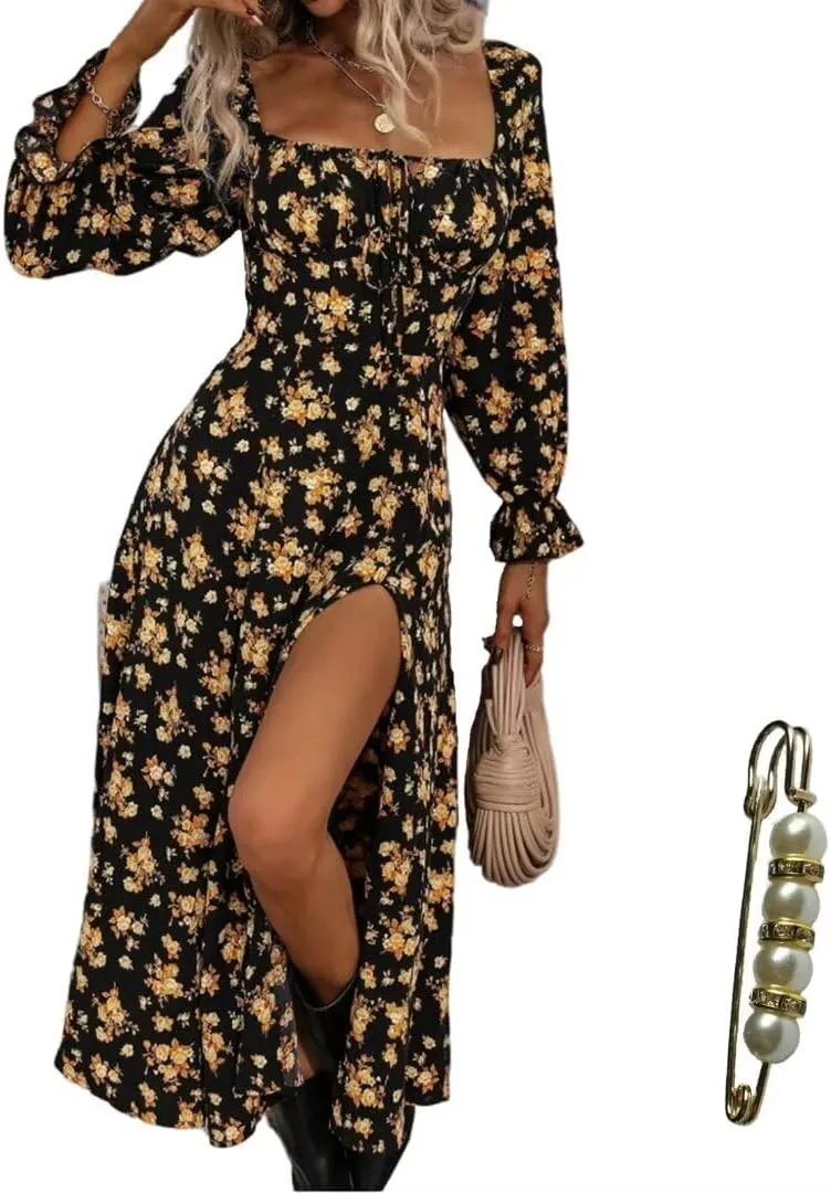 Womens Floral Square Neck Maxi Dress Bubble Long Sleeve Side Slit Flowy Boho Dresses