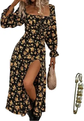 Womens Floral Square Neck Maxi Dress Bubble Long Sleeve Side Slit Flowy Boho Dresses