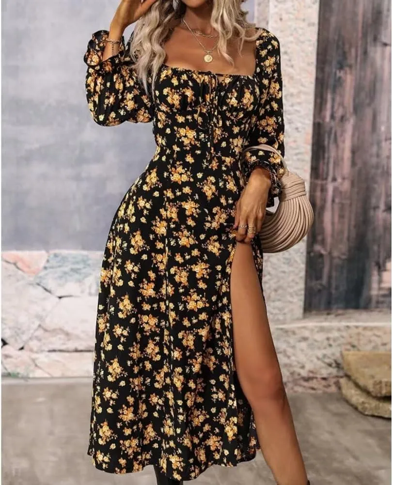 Womens Floral Square Neck Maxi Dress Bubble Long Sleeve Side Slit Flowy Boho Dresses